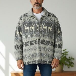 Vintage Sunbuster Men's Fleece Button Down Deer Aztec Print Jacket